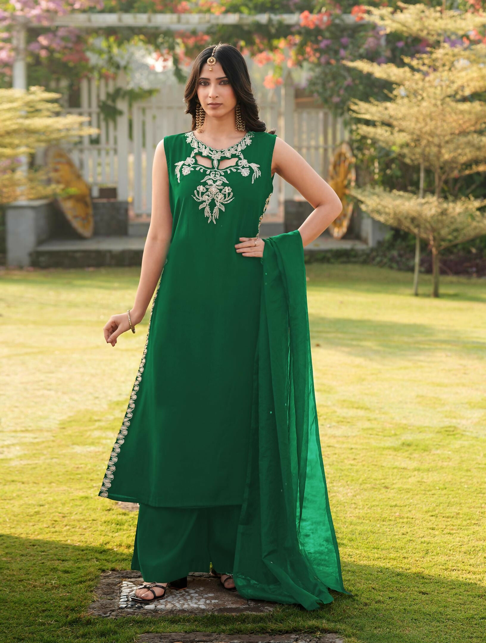 Nikhaar Green Embroidered Art Silk Stitched A Line Kurta Palazzo Dupatta Readymade Suit - Dista