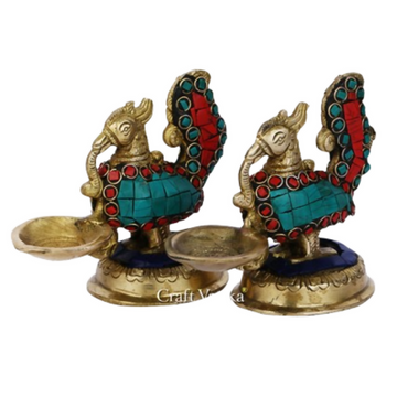 CraftVatika Brass Pair Of Peacock Diya Stand Showpiece - Dista