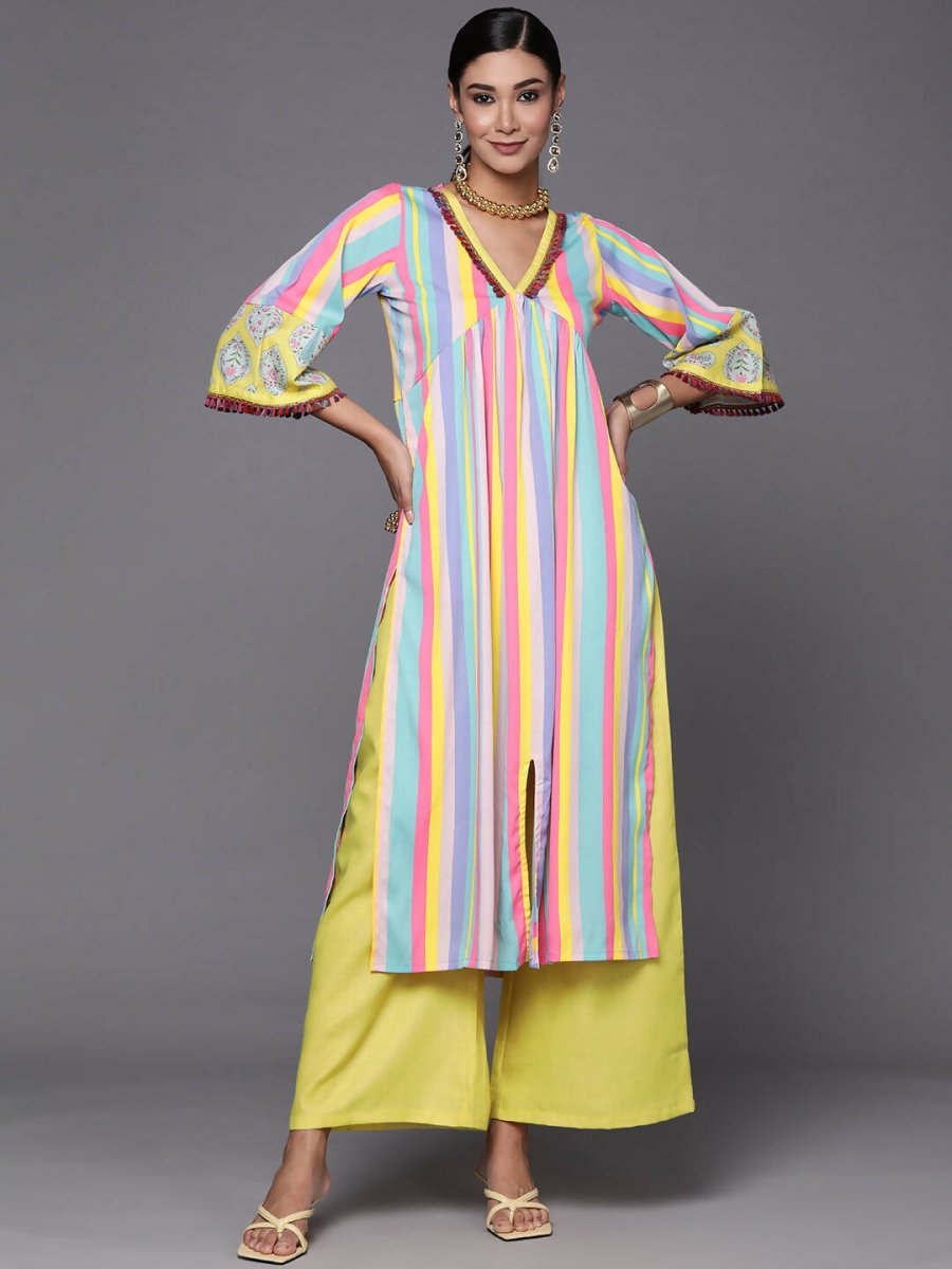 Ahalyaa Women Neon Green & Blue Candy Striped Kurta with Palazzos - Distacart