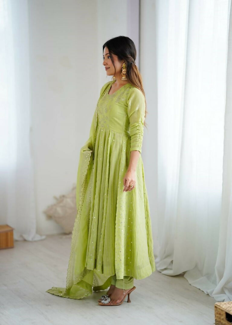 Teeya Creation Pista Green Color Heavy Crunchy Silk Embroidery Work Gown