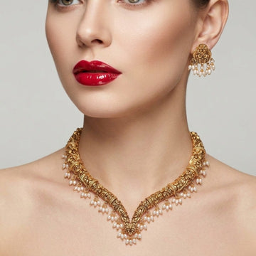 Jewel City Handcrafted Traditional Gold-Plated Choker Necklace Set with Pearl Drops - Ethnic Jewelry for Weddings - Dista
