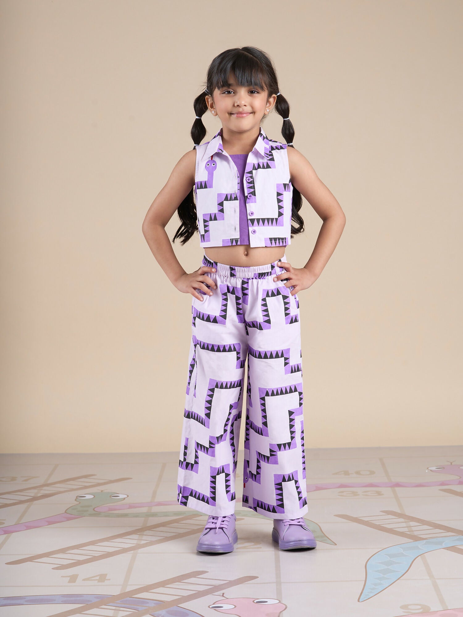 Snakes and Ladders Girls Purple Table Print Top and Pant Set from Siblings Collection - Distacart