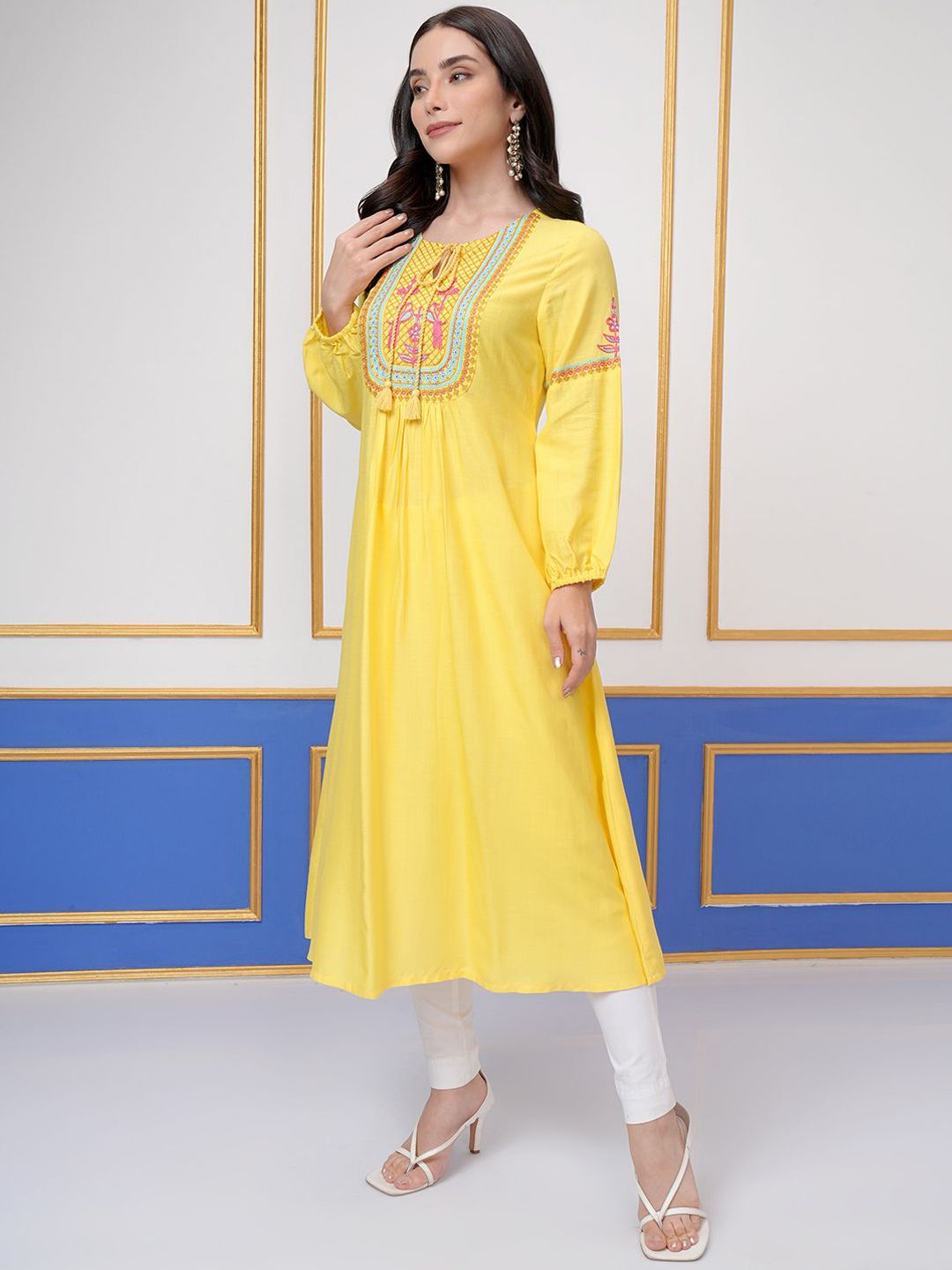 Vishudh Yellow Floral Embroidered Tie-Up Neck Long Sleeves Thread Work A-Line Kurta