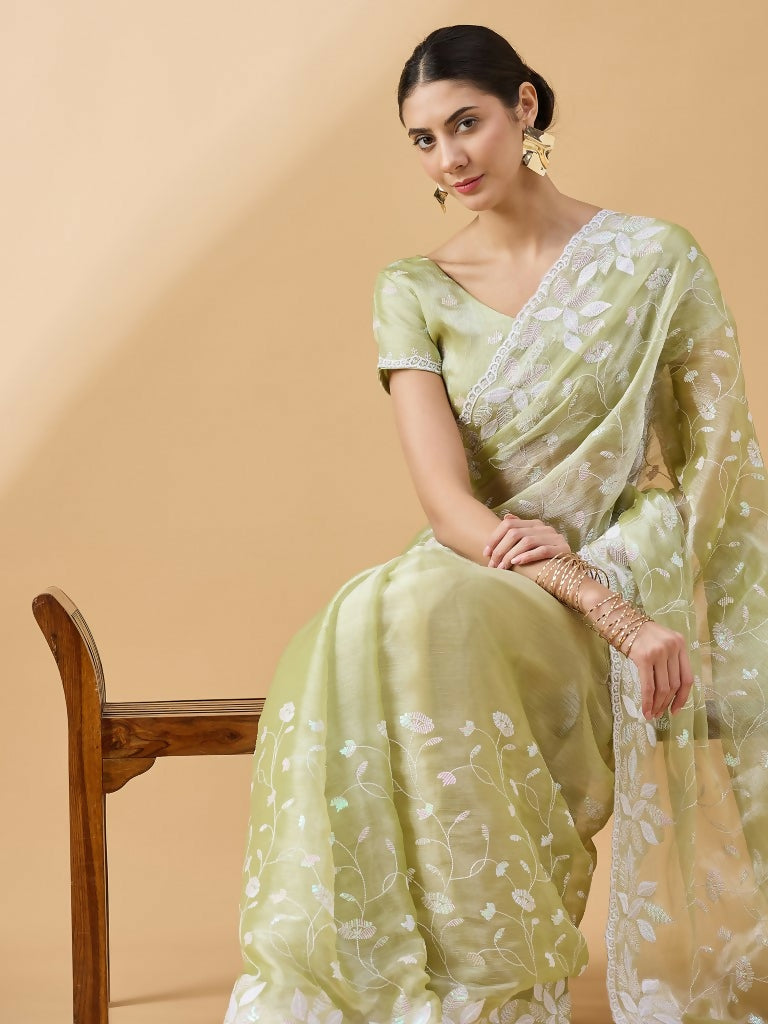 Green Tissue Slub Embroidered Saree with Unstitched Blouse - Vairagi - Distacart