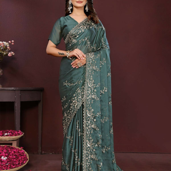 Ai Fashion Grey Rangoli Silk Embroidery Party Wear Saree
