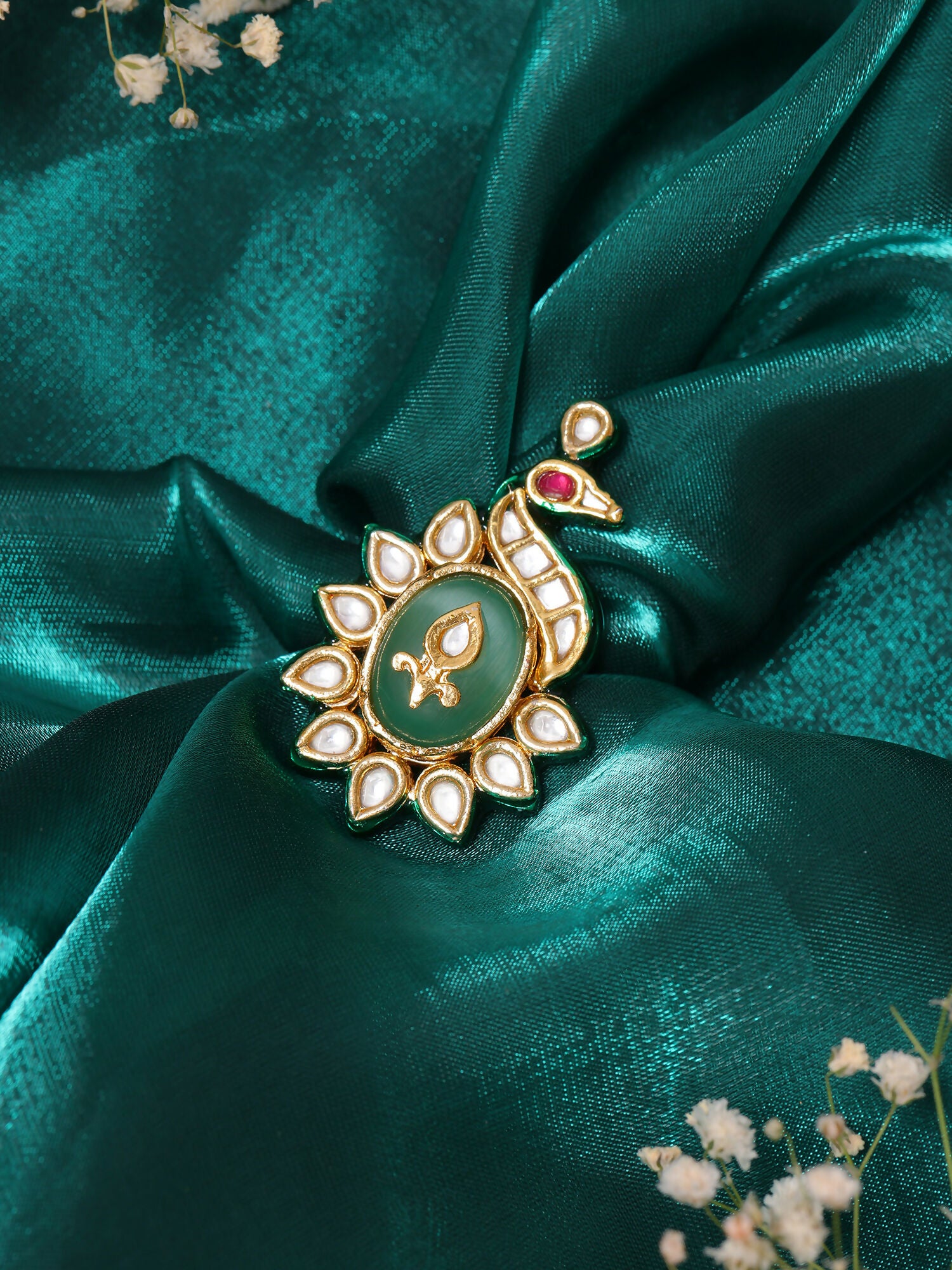 Ruby Raang Gold Polished Green Birdie Kundan Ring