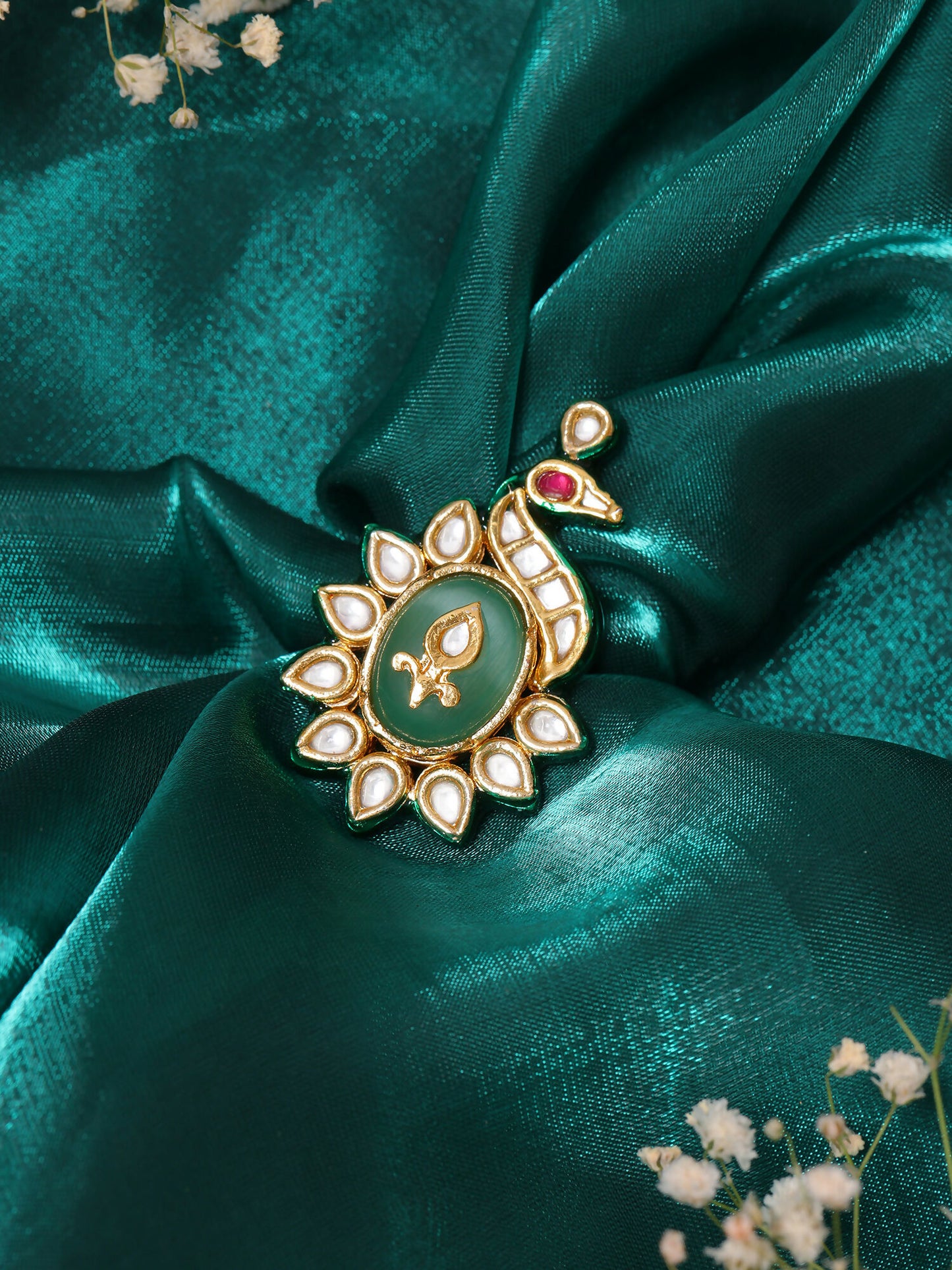 Ruby Raang Gold Polished Green Birdie Kundan Ring - Distacart