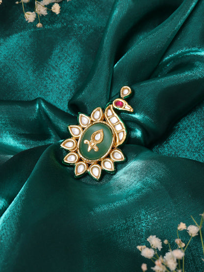 Ruby Raang Gold Polished Green Birdie Kundan Ring - Distacart