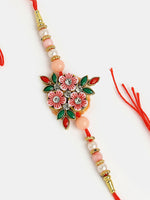 Thumbnail for NVR Men Pink Floral Shape Stone-Studdded & Beaded Rakhi With Roli Chawal & Chocolate - Distacart