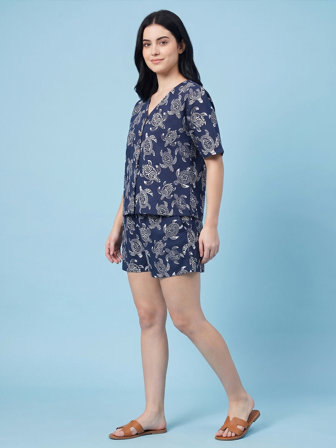 Breathables Woven Cotton Half Sleeves Turtle Shorts Set Blue - Dista