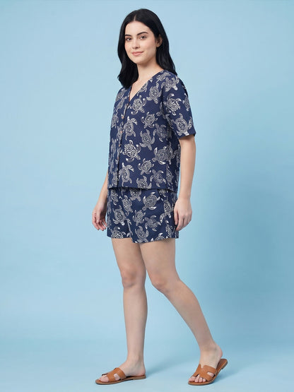 Breathables Woven Cotton Half Sleeves Turtle Shorts Set Blue - Dista