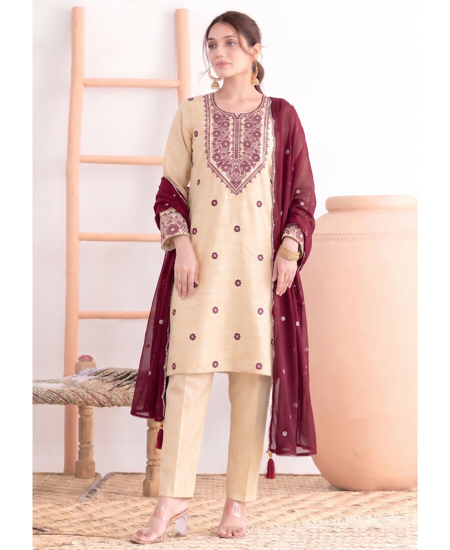 KC Khadi Cotton White Suit With Pink Dupatta 3 Piece Pair For Women - Dista