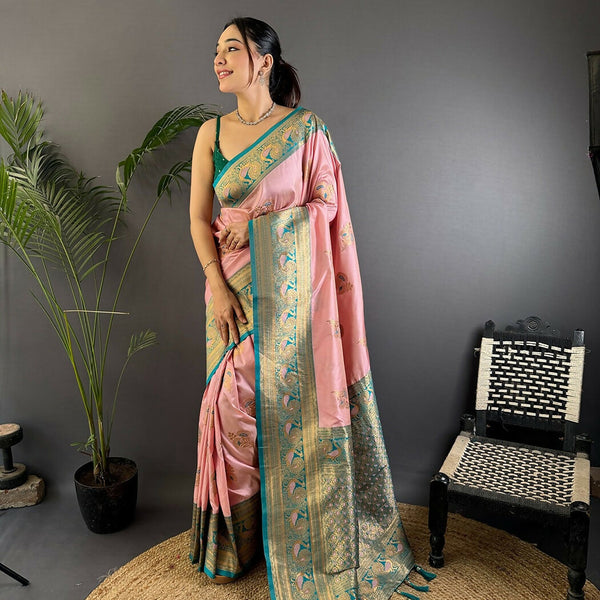 Joban Fashion Banarasi Baby Pink Woven Soft Silk Saree