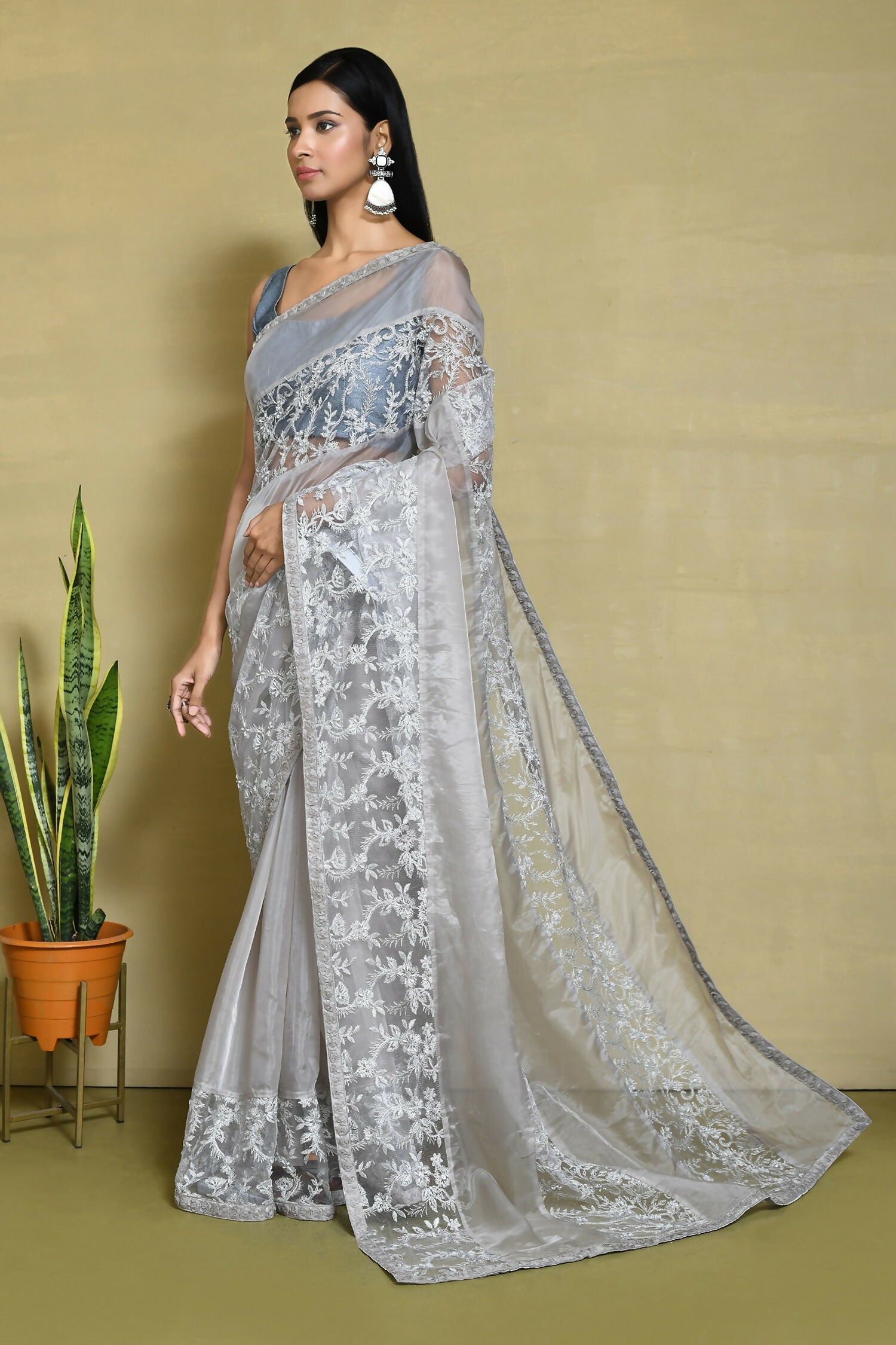 Grey Organza Satin Silk Floral Embroidered Festive Saree - Nimaya Denzy - Distacart