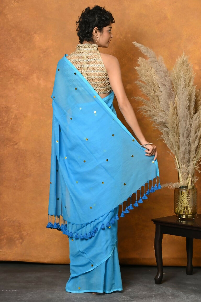 Very Much Indian Pure Mul Cotton Handloom Saree - Sky Blue - Distacart