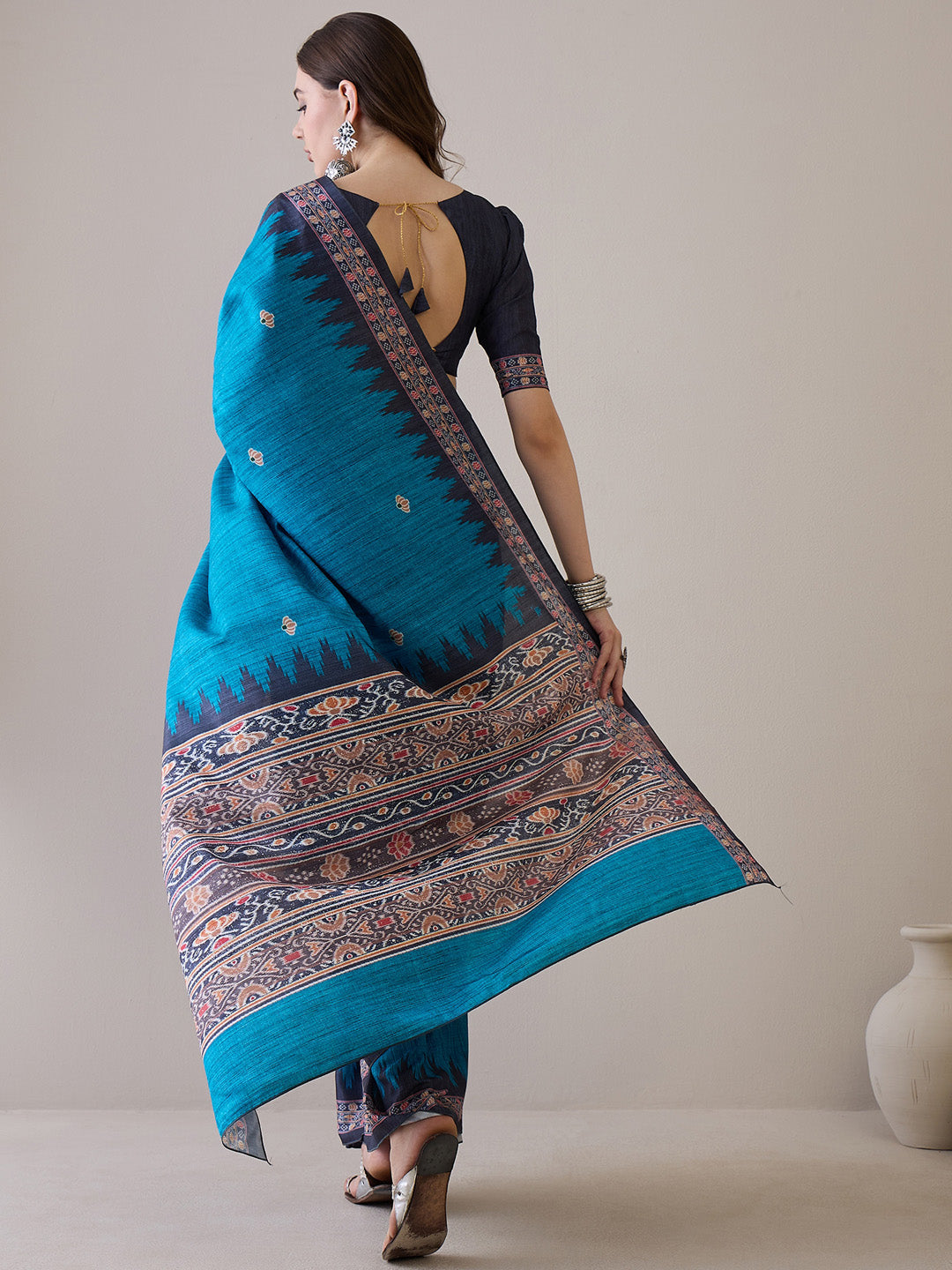 NOZ2TOZ Women's Silk Blend Navy Blue Printed Designer Saree With Blouse Piece - Distacart