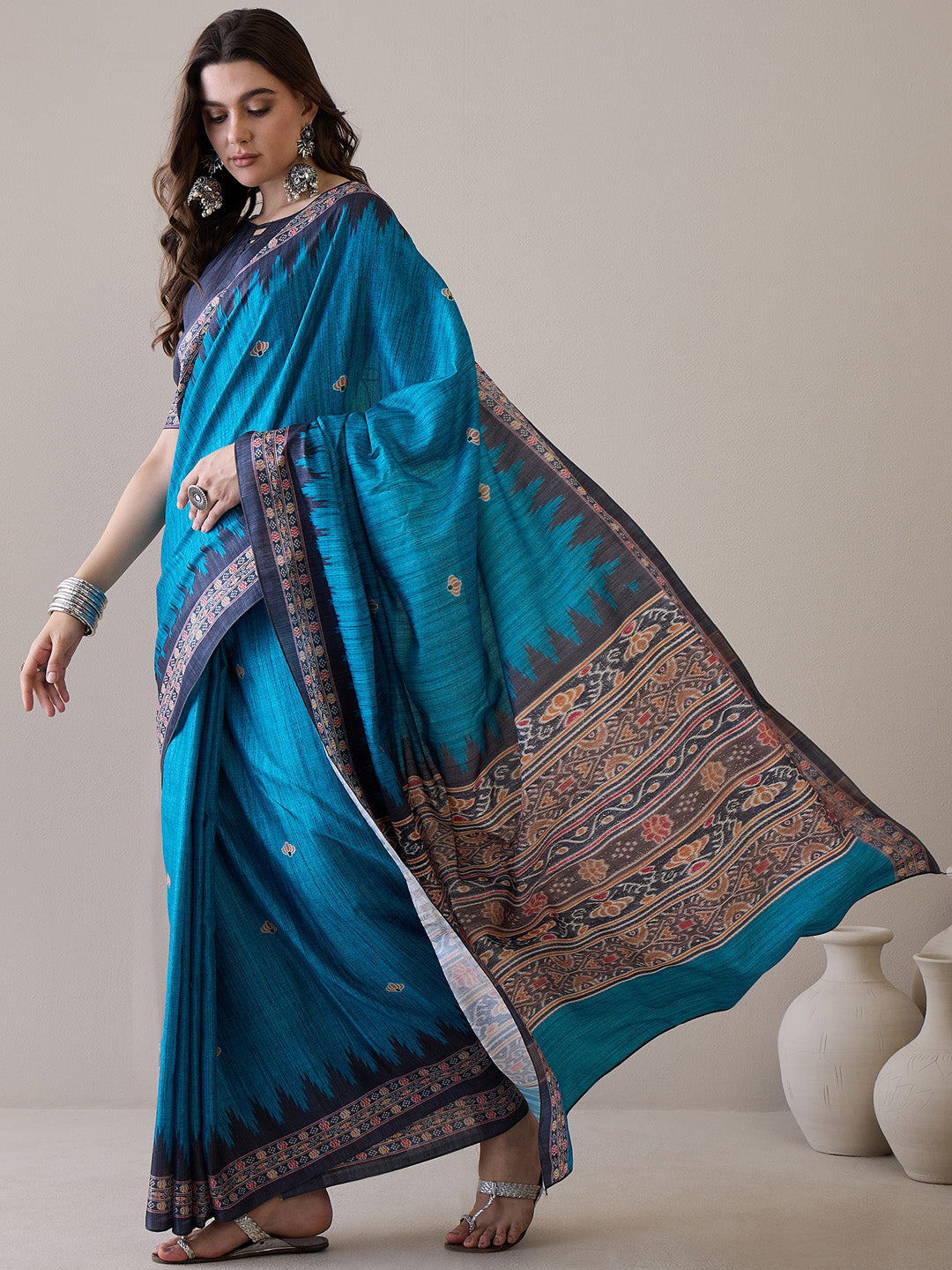 NOZ2TOZ Women's Silk Blend Navy Blue Printed Designer Saree With Blouse Piece - Distacart