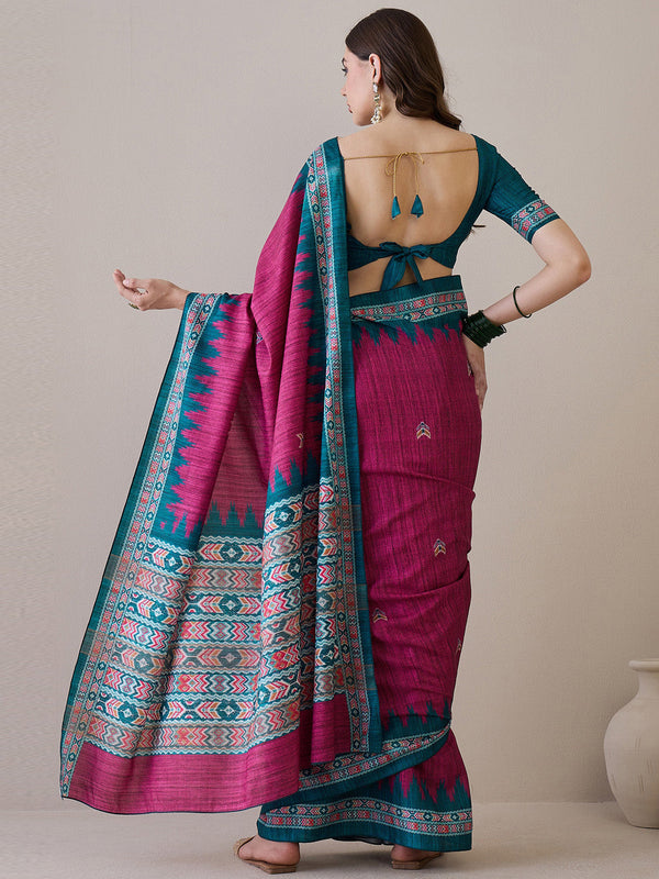 NOZ2TOZ Women's Silk Blend Teal blue Printed Designer Saree With Blouse Piece - Distacart