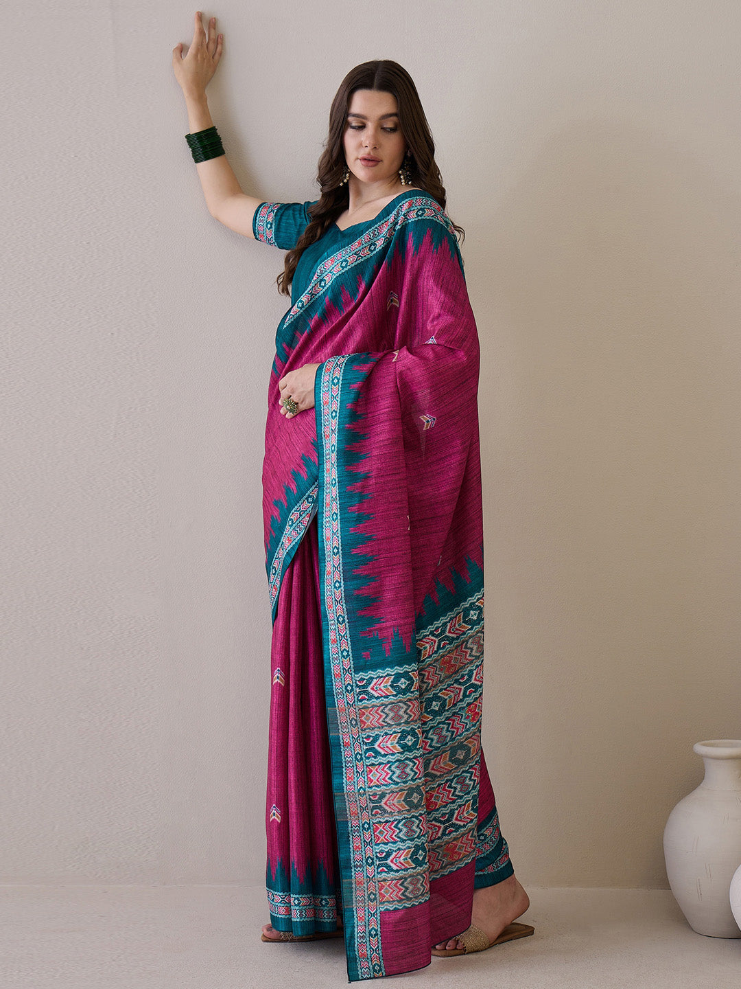 NOZ2TOZ Women's Silk Blend Teal blue Printed Designer Saree With Blouse Piece - Distacart