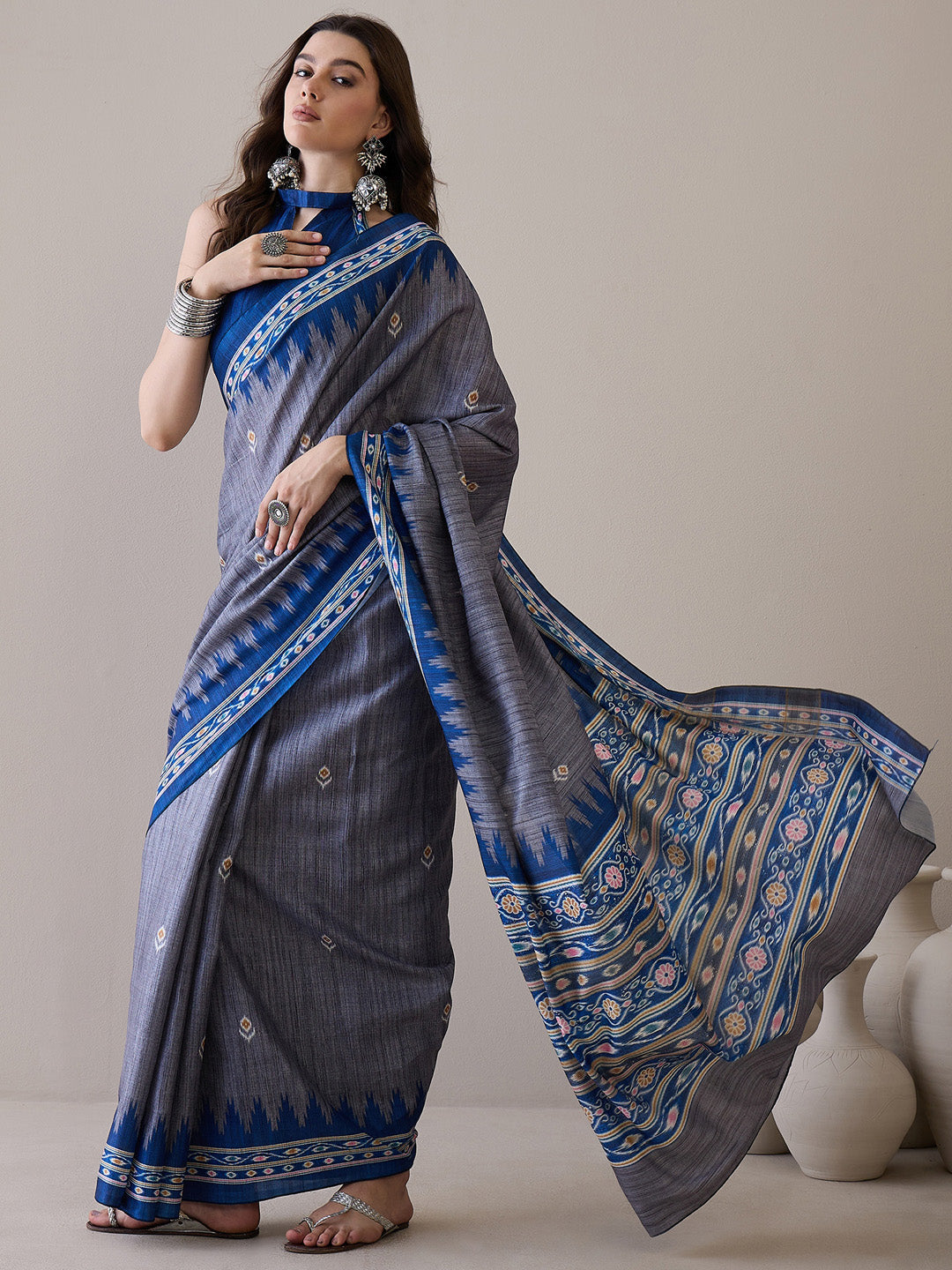 NOZ2TOZ Women's Silk Blend Blue Printed Designer Saree With Blouse Piece - Distacart