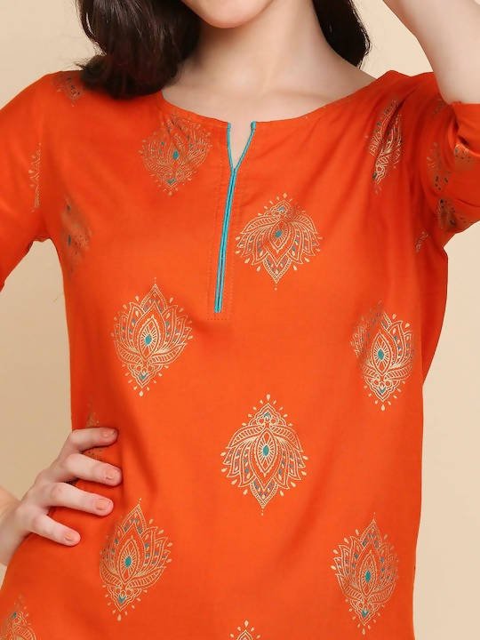 Anubhutee Orange & Golden Printed Straight Kurti - Distacart