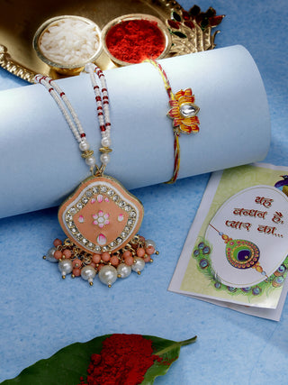 NVR Women & Men Set of 2 Peach Lotus Shape Kundan Stone-Studded & Beaded Bhaiya Bhabhi Rakhi With Roli Chawal & Chocolate - Distacart