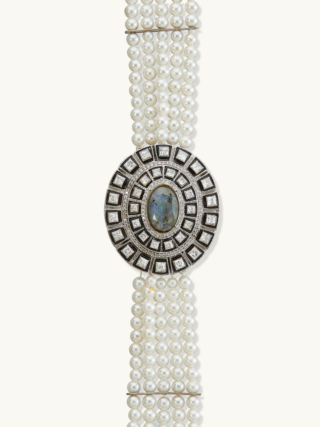 Nuyug Pearl Beaded Semi Precious Labradorite Stone & Enamelled Choker Necklace