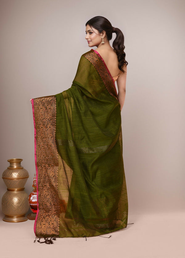 Joban Fashion Mehndi Green Cotton Blend Handloom Saree