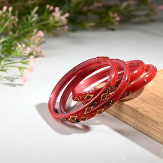 Afast Designer Fancy Party Bangle/ Kada Set, Red, Glass, Pack Of 4 - Distacart