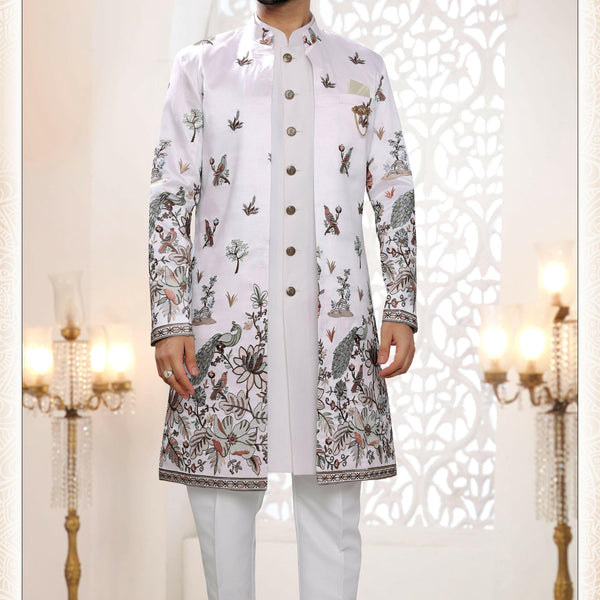 Joban Fashion Men's White Straight Silk Thread And Sequence Embroidery All Over 3 Pc Kurta Set - Distacart