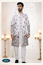 Thumbnail for Joban Fashion Men's White Straight Silk Thread And Sequence Embroidery All Over 3 Pc Kurta Set - Distacart
