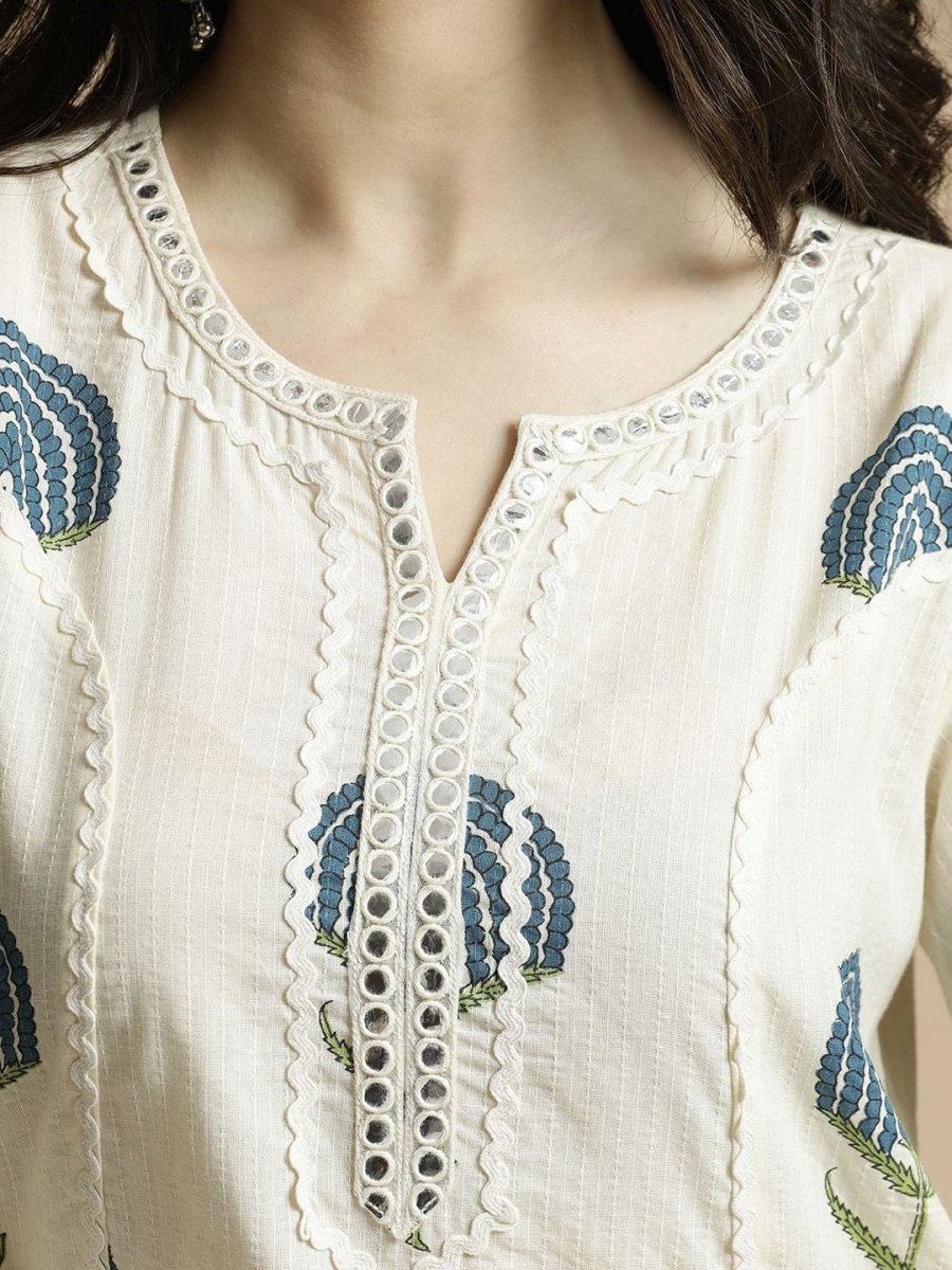 Anouk Floral Printed Regular Mirror Work Pure Cotton A-Line Kurta with Palazzos - Distacart