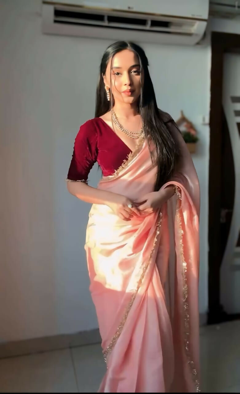Malishka Jimuchi Silk Golden Boarder Ready To Wear Saree With Blouse Piece - Peach - Distacart