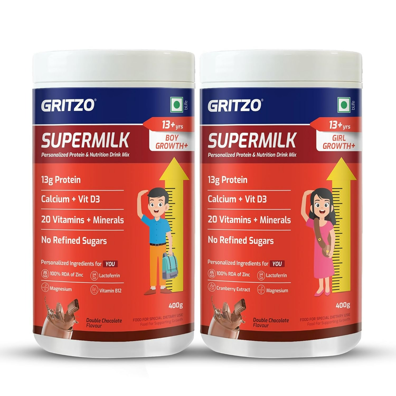 Gritzo SuperMilk Growth+ (Formerly Height+) (13+y Boys & Girls) 13g Protein Powder - Double Chocolate - Distacart