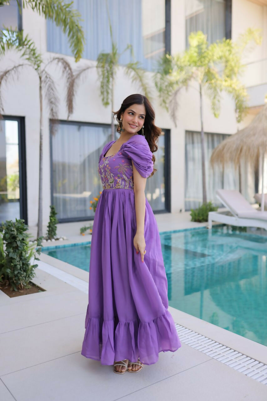 Teeya Creation Womens New Fancy Mul Chanderi With Embroidered Work Gown Set - Dista