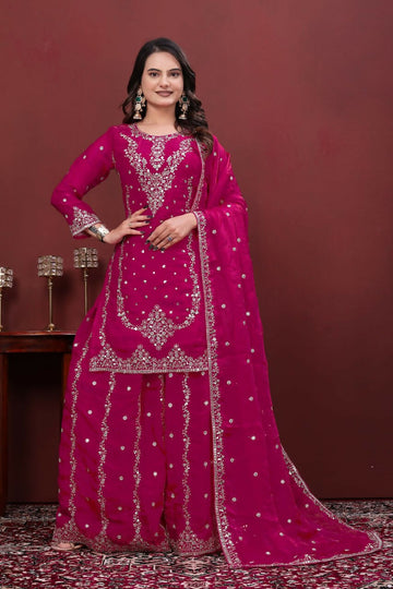 Teeya Creation Women'S Magenta Pink Faux Georgette Zari Work Kurta Sharara Set - Dista