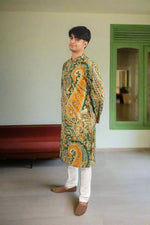 Thumbnail for Souchii Men Green & Mustard Pure Cotton Paisley Printed Straight Kurta