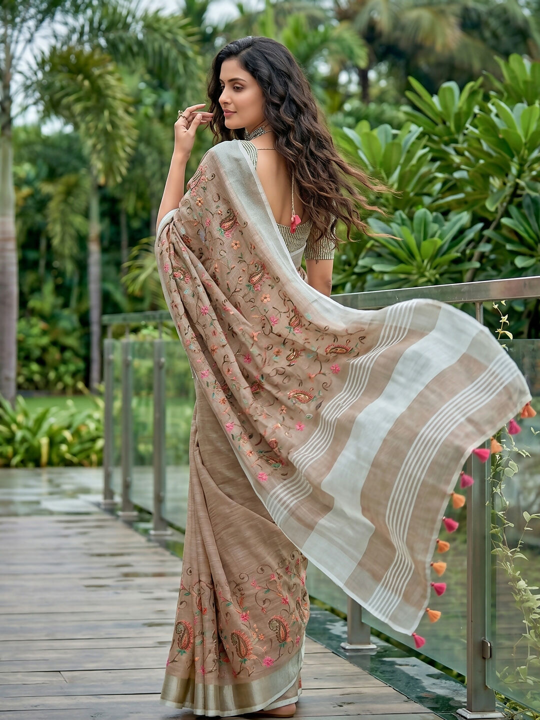 Shree Shyam Fashion Brown Linen Saree - Dista