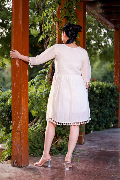 Aayaa Designer Multi Thread Hand Work Khadi Cotton One Piece Dress - Off White - Distacart