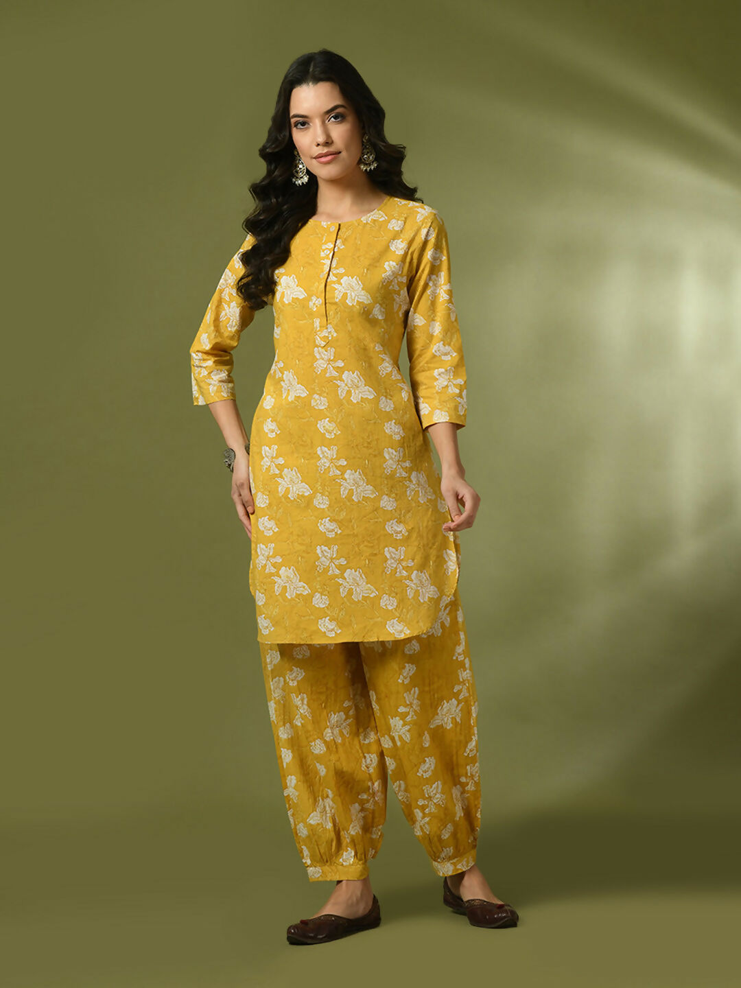 Myshka Women's Yellow Printed Cotton Round Neck Party Tunic With Trousers Co-ord set - Distacart