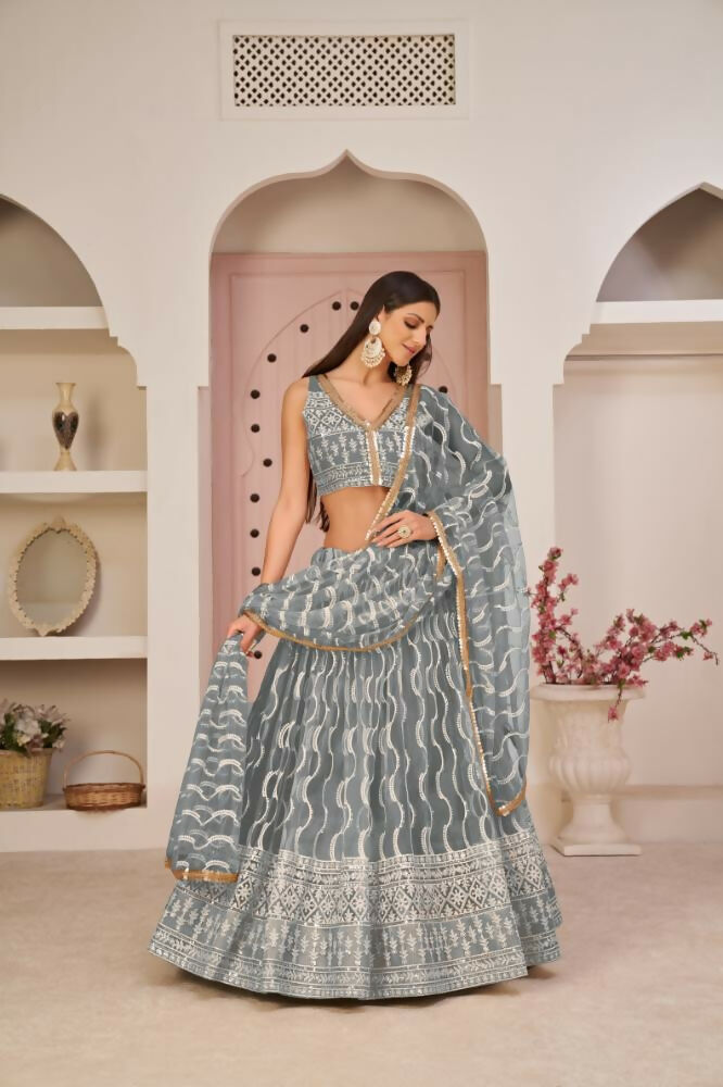 Aastha Fashion Gray Butterfly Net White Cotton Thread Work, Zari Work And Sandwich Sequence Work Embroidery Wedding Wear Lehenga Choli - Distacart