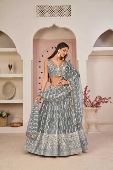 Aastha Fashion Gray Butterfly Net White Cotton Thread Work, Zari Work And Sandwich Sequence Work Embroidery Wedding Wear Lehenga Choli - Distacart
