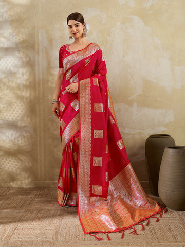 Shree Shyam Fashion Red Silk Blend Saree - Distacart