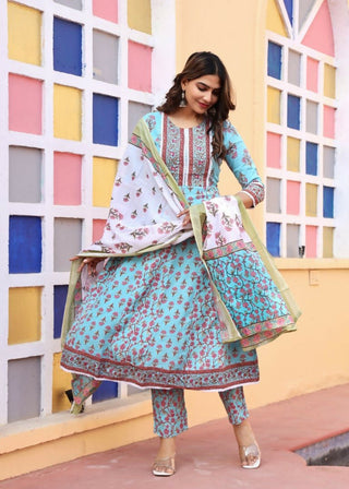 Alvano Printed Anarkali Kurti with Pant and Dupatta Set for Women's and Girls Rayon - Distacart