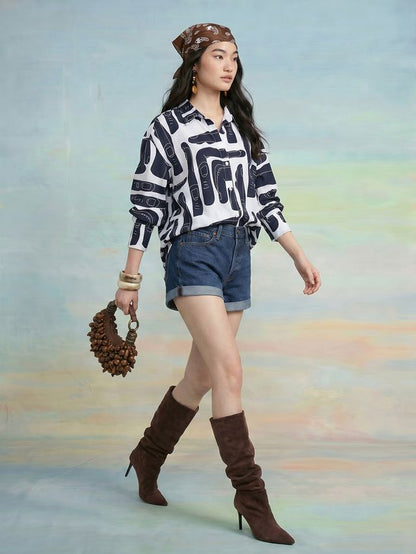 Janasya Navy Blue Shirt Rayon Blend Top - Dista