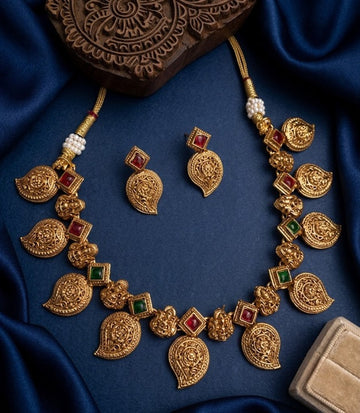 Jewel City Antique Gold Temple Jewelry Set: South Indian Mango Necklace & Earrings - Dista