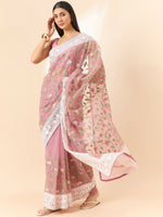 Thumbnail for Pink Organza Floral Embroidered Saree with Unstitched Blouse Piece - Roozal - Distacart