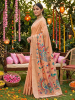 Thumbnail for Shree Shyam Fashion Peach Linen Cotton Saree - Distacart