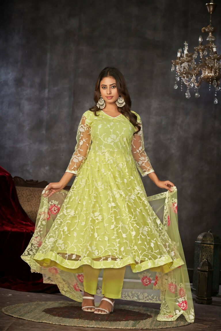 Jyoti Fashion Women's Pista Net Embroidered Anarkali Kurta Pant Set With Dupatta - Distacart