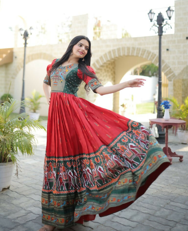 Jyoti Fashion Women's Red Patola with Foil Print Dola Silk Anarkali Dress - Distacart